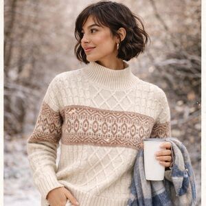 Rachel Zoe Cream Cable Knit Fair Isle Mock Neck Sweater Size S